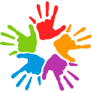 Graphic of five hand prints of different colors